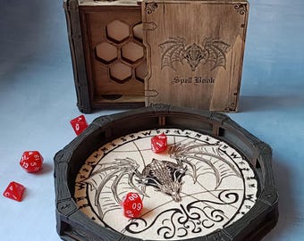 Drache Gravierte Holzwürfelschale & Zauberbuch Box: RPG Gaming Set