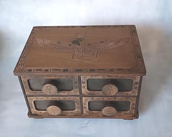 Handmade Egyptian Jewelry Box | Goddess Isis Carved Wood Chest