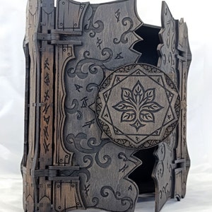 Magic Wooden Book Box with Hidden Compartment and Carved Fantasy Symbols