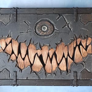 Large Wooden Monster Book Box with Teeth – Fantasy Storage Book, Gothic Dice Box, Handmade Book-Shaped Chest, Gift for Gamers & Collectors
