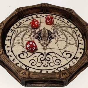 Dragon Print Wooden Dice Tray: RPG Gaming Accessories