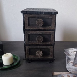Chest of drawers for 3 drawers, runes, tarot, crystals, amulets, candles, Hecate