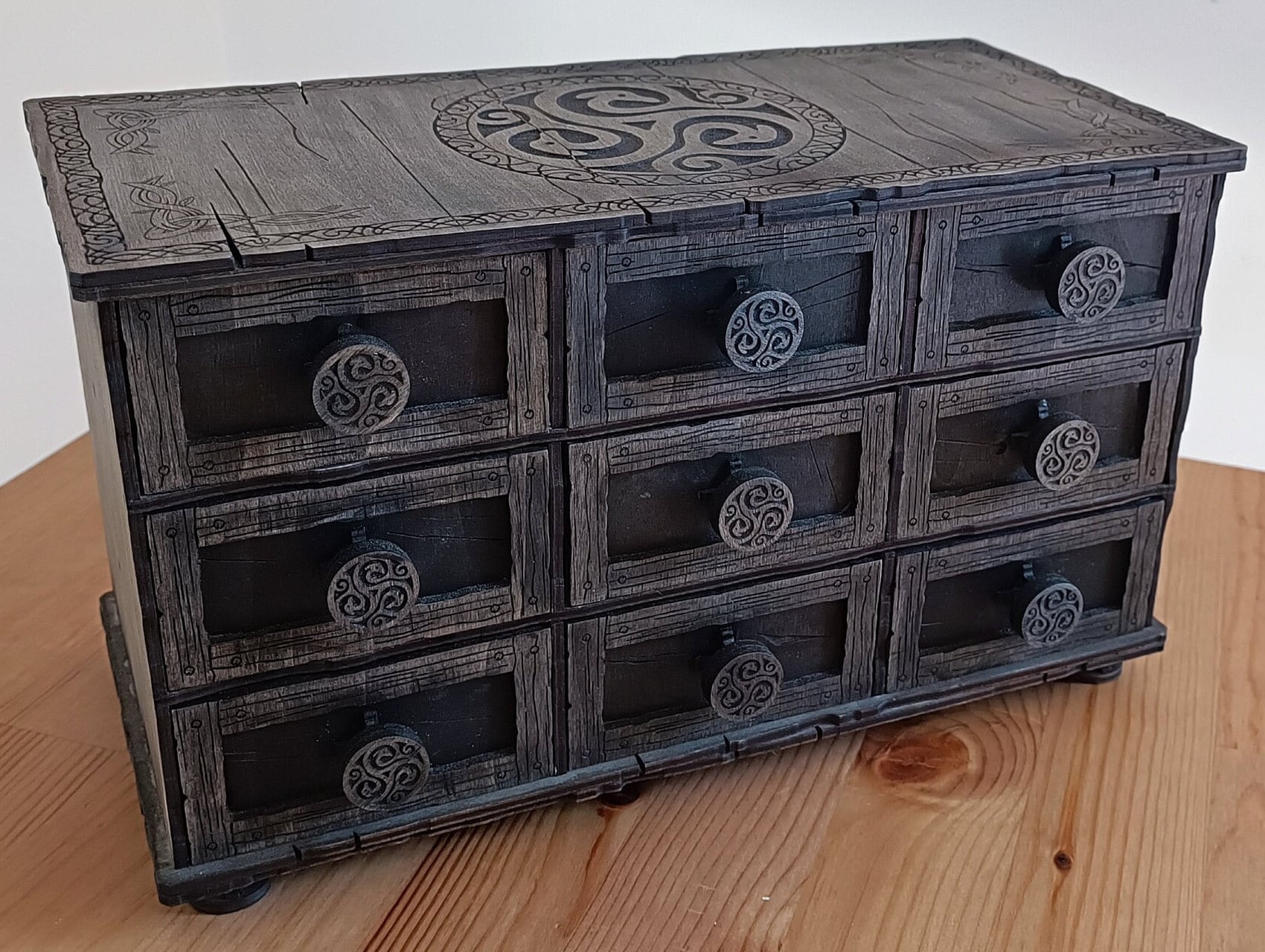 Handcrafted Wooden Tarot Deck Box with Hecate Symbol - Nine-Drawer Chest for Wiccan Gifts and Witch Decor