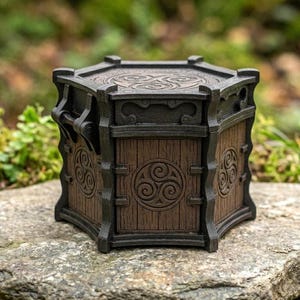 May include: A hexagonal box with a dark brown wood-grain finish and black structural framing. Each side panel features a circular triskelion emblem. The lid is also hexagonal with a matching triskelion design centered on the top surface.