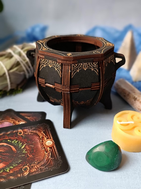 Handmade Wooden Witch Cauldron Box: Gothic Altar Decor