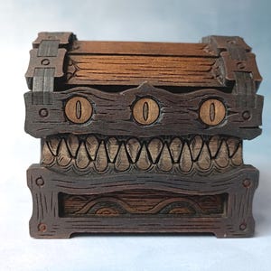 Handmade Wooden Fantasy Monster Chest with Teeth – Dice Storage Box, Jewelry Holder, Geek Gift for RPG Fans Mimic Chest
