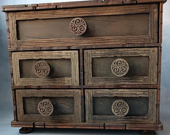 Handcrafted Wooden Hecate Altar Cabinet – Vintage Style Trinket Chest with 5 Drawers, Witchcraft Storage Box Tarot card holder