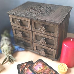 Hecate Symbol Chest of Drawers: Wooden Tarot Card & Crystal Storage
