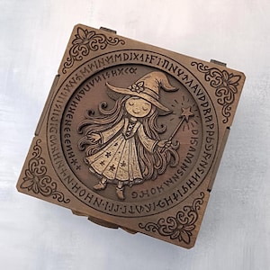 Handmade Wooden Jewelry Box with Engraved Wizard Girl – Fantasy Storage Box with Felt Lining – Witchy Gift for Her – Magic Keepsake Box