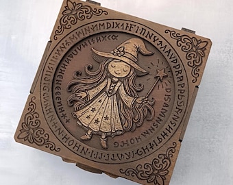 Engraved Wizard Girl Wooden Jewelry Box: Fantasy Keepsake Storage