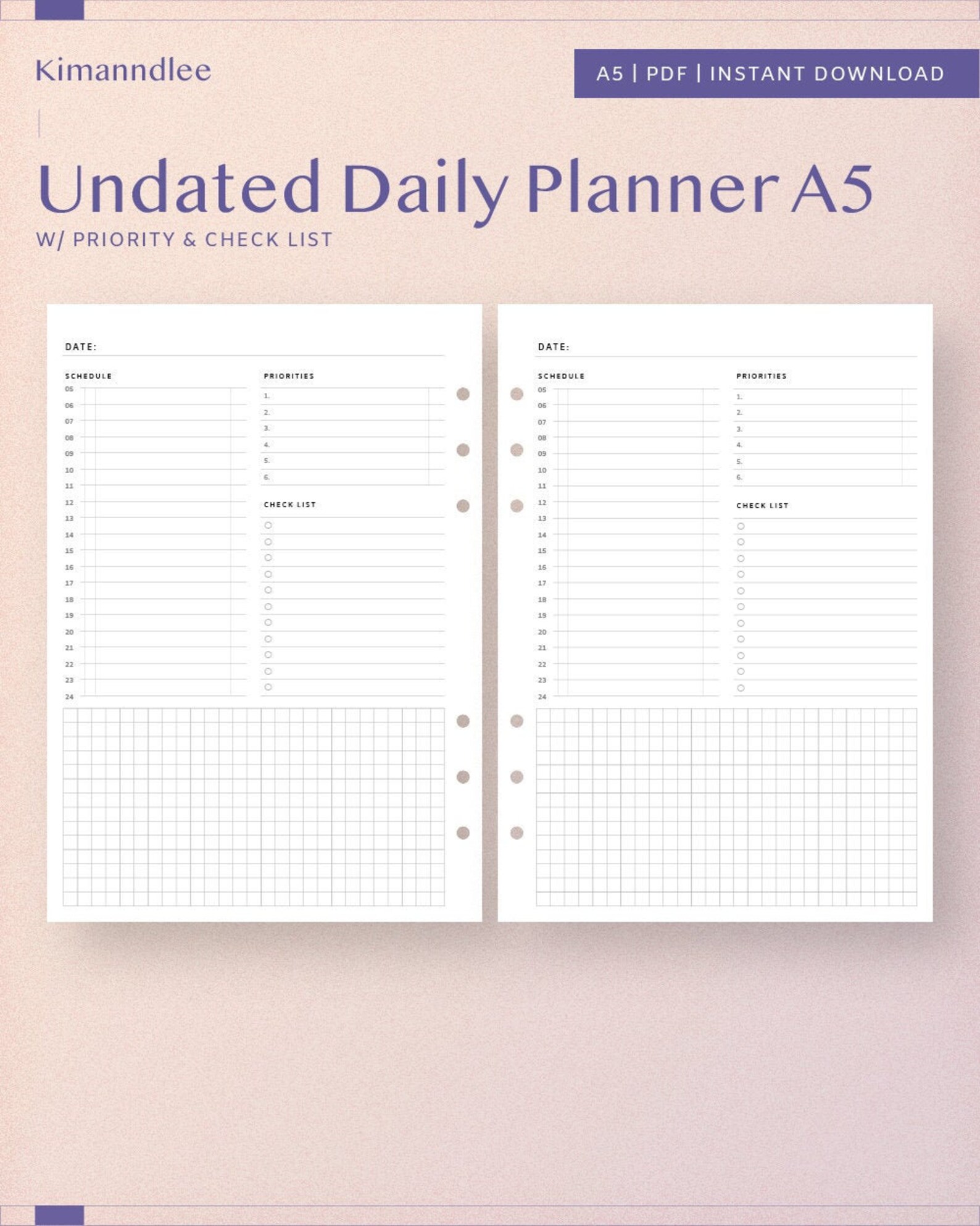 Undated Daily Planner A5 Printable PDF Lined Hourly w/ | Etsy
