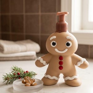 Könnte beinhalten: Ein hellbrauner Seifenspender in Form eines Lebkuchenmanns mit Pumpkopf, weißen Verzierungen in Glasuroptik und drei roten Knöpfen. Daneben steht eine kleine, durchsichtige Schale mit einem Mini-Lebkuchen und einem Tannenzweig.