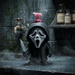 Könnte beinhalten: Ein Seifenspender in Form einer Figur in einer schwarzen Kapuzenrobe mit einer weißen, geisterhaften Maske. Die Figur hält ein kleines silberfarbenes Messer in einer Hand. Ein rosa Pumpmechanismus ist oben an der Kapuze befestigt. Das Etikett lautet Creepy Cleans.