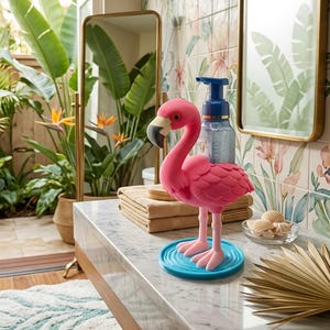 Könnte beinhalten: Eine rosa Flamingo-Figur mit schwarzem Schnabel und blauem Sockel steht auf einer Marmor-Arbeitsplatte. Ein blauer Seifenspender und eine kleine Glasschale mit Muscheln sind ebenfalls zu sehen. Das Badezimmer hat ein tropisches Thema.
