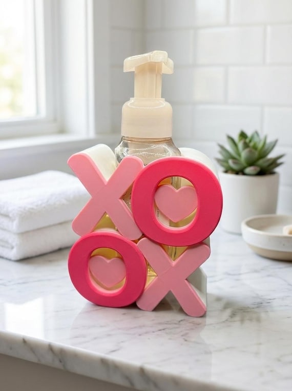 Valentine XO Soap Holder | Decorative Foaming Soap Stand | Fits Standard Foaming Hand Soap Bottles | Bathroom or Kitchen Decor