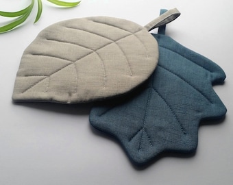 Linen pot holders in many colors, set of 2 sheets, leaves, kitchen, kitchen, gift, linen colors