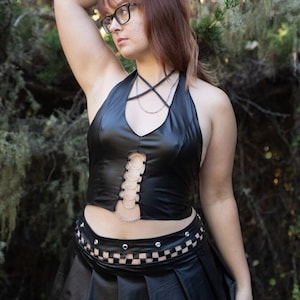 Roxy O-Ring~Black Vegan Leather Tank Top/ Leather Halter Top/ Women's Clothing/Faux Leather/Leather Laced Top/ Crop Top/ O-Ring Halter Top