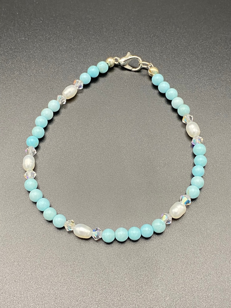 Baby Blue Turquoise and freshwater Pearl necklace earring and bracelet set