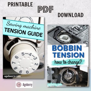 Pode incluir: Guia imprimível em PDF para a tensão da máquina de costura e a tensão da bobina. O guia mostra um close-up de um dial de tensão da máquina de costura e um mecanismo de tensão da bobina. O texto "Guia de tensão da máquina de costura" e "Tensão da bobina como mudar?" é visível no guia.