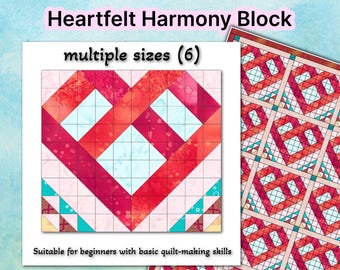 Quilt Anleitung PDF für einen einfachen Quilt Block | Modernes Patchwork Design | Herz Quilt Block Muster | Quiltmuster | Mini Quilt Anleitung |