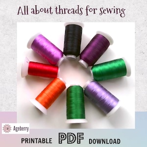 Puede incluir: Una colección de ocho carretes de hilo en varios colores, incluyendo rojo, naranja, verde, morado y negro. Los carretes están dispuestos en un círculo sobre una superficie blanca. El texto "All about threads for sewing" está en la parte superior de la imagen. El texto "Printable PDF Download" está en la parte inferior de la imagen.