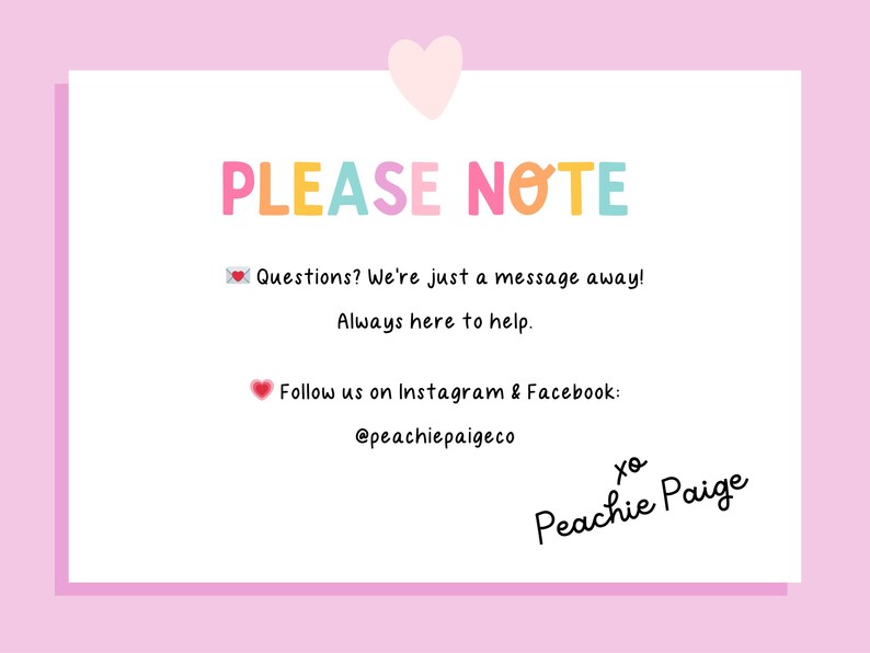 Puede incluir: Gr&aacute;fico rosa y blanco con el texto "PLEASE NOTE" en letras coloridas. El texto incluye un mensaje sobre preguntas y redes sociales. Un gr&aacute;fico de coraz&oacute;n est&aacute; en la parte superior e inferior de la imagen.