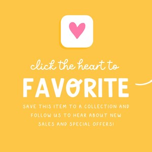 Puede incluir: Fondo amarillo con un cuadrado blanco que contiene un icono de coraz&oacute;n rosa. El texto dice "click the heart to FAVORITE" con una flecha que apunta hacia la derecha. Texto adicional anima a guardar art&iacute;culos y seguir para ofertas.