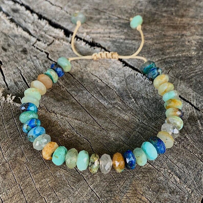Handmade Natural Green Chrysocolla Blue Azurite Faceted Rondelle Macrame Closure Healing Spiritual Yoga Adjustable Beaded Bracelet