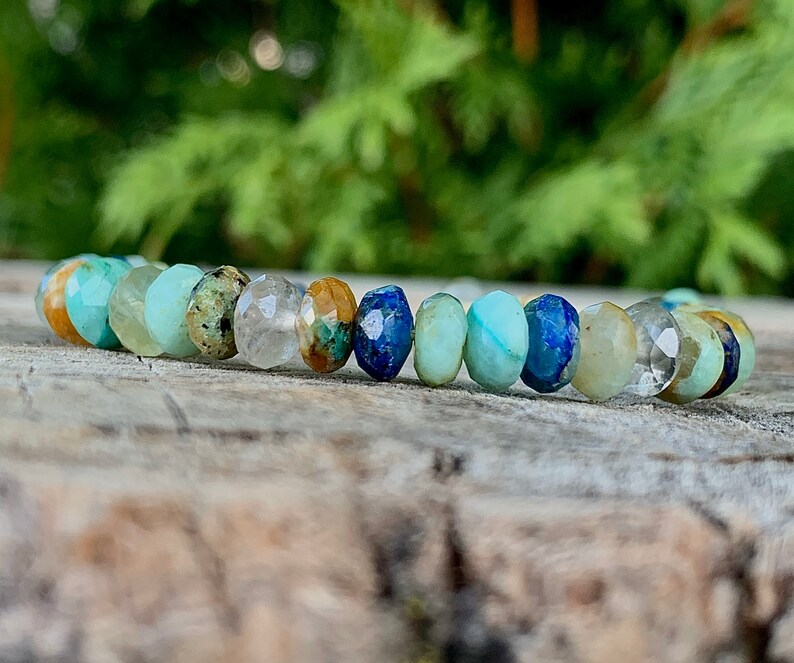 Handmade Natural Green Chrysocolla Blue Azurite Faceted Rondelle Macrame Closure Healing Spiritual Yoga Adjustable Beaded Bracelet