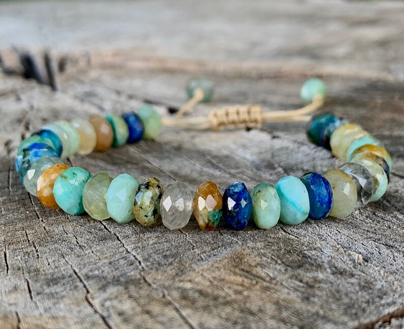 Handmade Natural Green Chrysocolla Blue Azurite Faceted Rondelle Macrame Closure Healing Spiritual Yoga Adjustable Beaded Bracelet