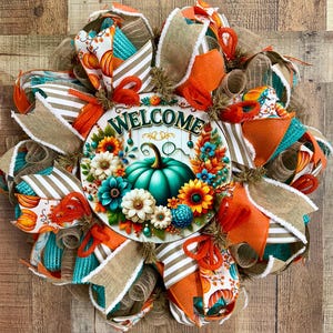Teal Pumpkin Fall Wreath: Farmhouse Sunflower Door Decor