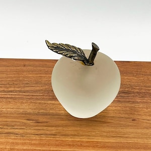 Vintage Art Glass Frosted Satin Apple Paperweight with brass steam.