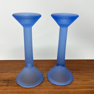 Pair Vintage Blue Frosted Glass Candlestick Holder