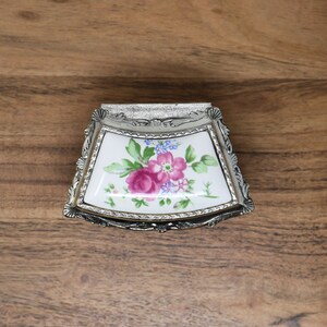 Vintage Footed Silver Metal Trinket / Jewelry Box with Porcelain Top