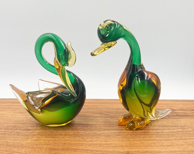 MCM Murano Glass Ducks and Swan Green Gold Italy Vintage Etsy
