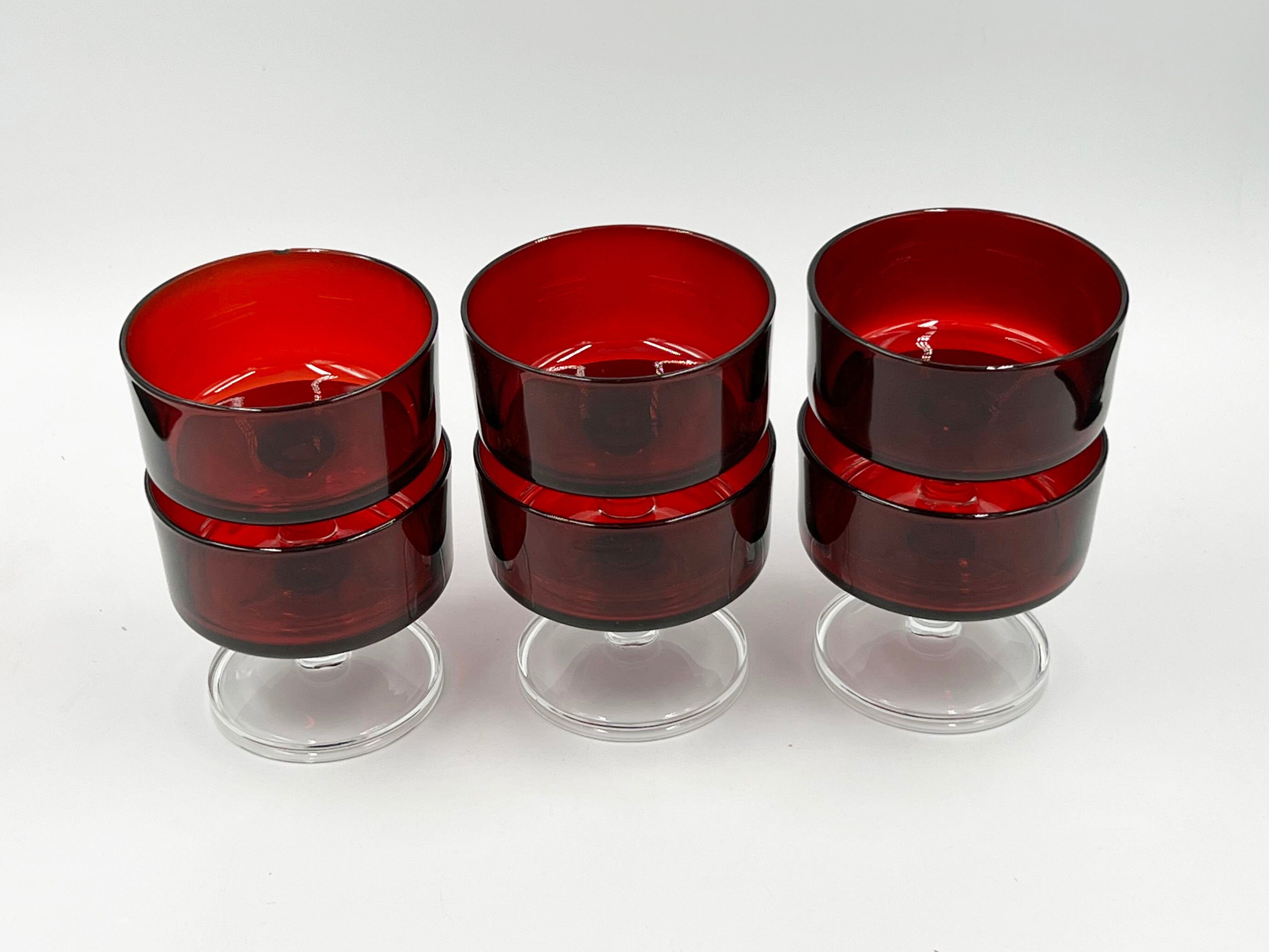 Arcoroc Ruby Red Stemmed Juice Glasses- Cristal D'arques- Vintage NOS