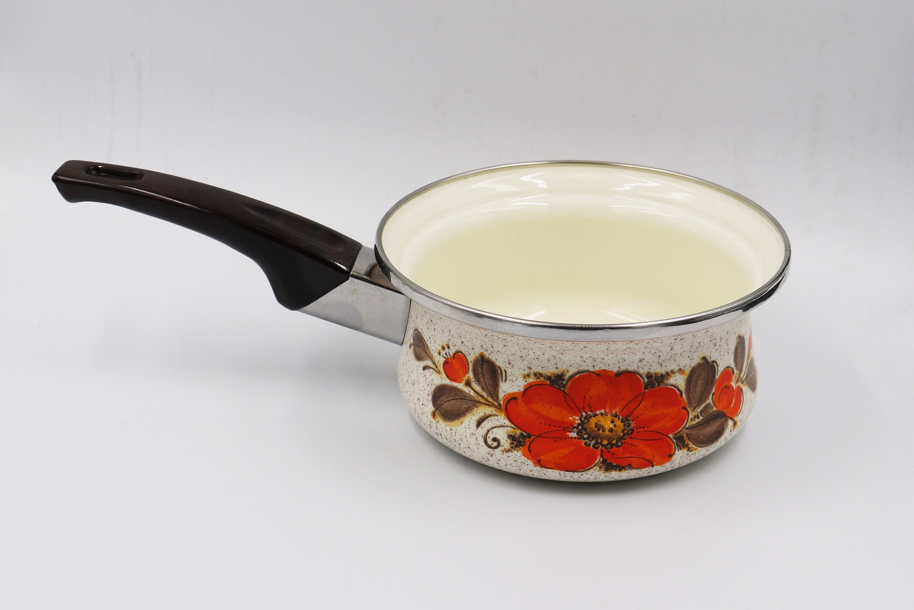 Vintage Sanko Ware Japan Porcelain Enamel Ware Steel Country Flowers Floral  Japan Oven to Table Cookware Mid Century Skillet Japan 