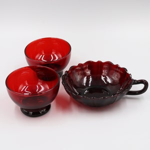 Anchor Hocking Ruby Red Single Handle Berry bowl/ Two Low Footed Sherbet Bowls