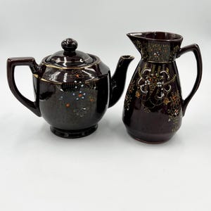 Vintage Redware Moriage Painted Teapot and Pitcher - Made in Japan
