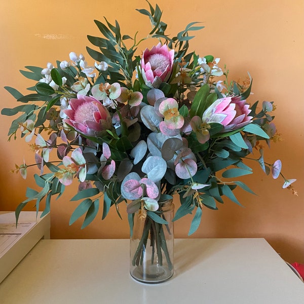 Native Protea and Blush Eucalyptus Bush Faux Floral Arrangement