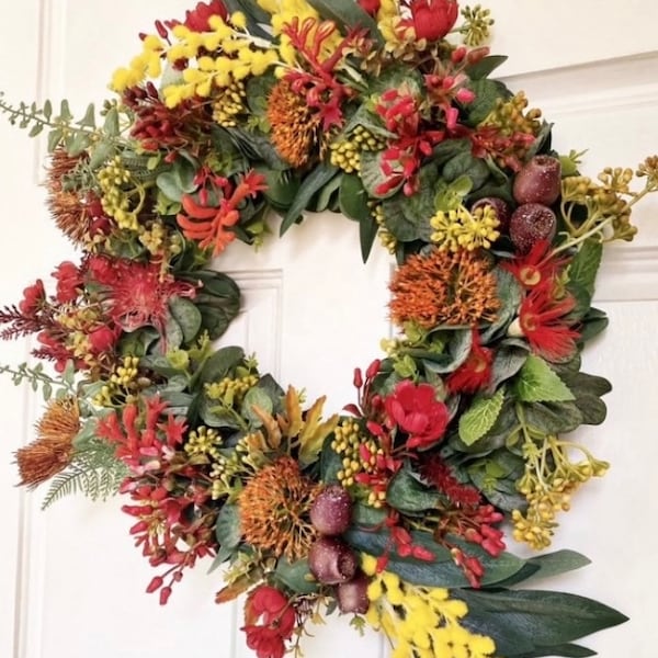 BUSH CHRISTMAS WREATH - Handcrafted Australian Native Bush Faux Flora Door Wreath