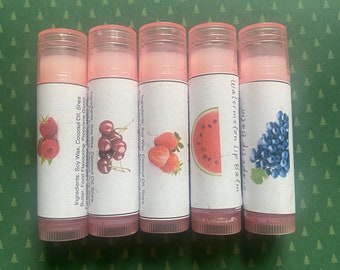 Handmade Vegan Lip Balms (listing 1 pink tubes) Strawberry, Raspberry, Cherry, Grape, Watermelon & Fruity Favourites Lip Balm Set