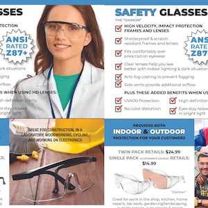 Outdoor & Indoor Safety Glasses 2 Pack. ANSI 287+ High Velocity High Impact, 2 Safety Shields, 1 Clear 1 HD, Microfiber Pouch Free Shipping