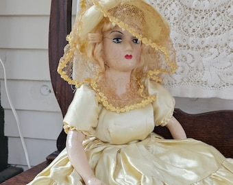 Vintage 26" composition bedroom doll hand painted smokey eyes long lashes cloth body yellow dress boudoir doll large antique doll fancy lady