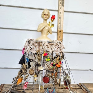 French Half Doll Assemblage Art: Upcycled Lamp Shade Sculpture