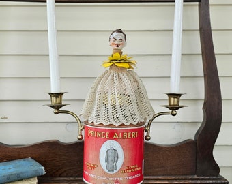 Miss Daisy upcycled metal tin can candle stick holder, assemblage sculpture, weird one of a kind art, Prince Albert tin can old lady