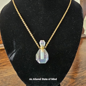 Vintage perfume dropper necklace, iridescent glass vial bottle pendant, gold chain, vintage necklace jewelry, mid-century collectible