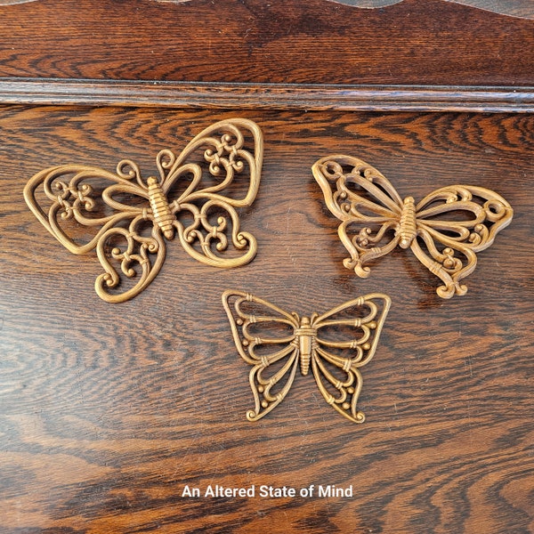 Vintage HOMCO brown butterflies set of 3 plastic resin mid-century 70's wall accent decor gallery wall ornate butterfly wall art plaque