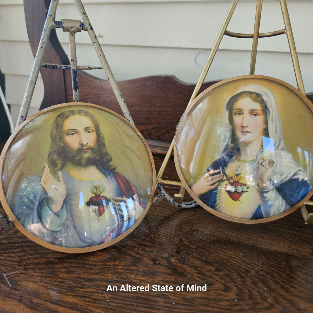 2 Vintage Religious Art Prints in Bubble Convex Glass Scared Heart of