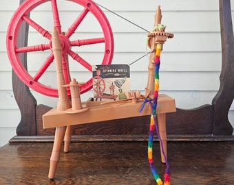 Vintage Remco Little Red Spinning Wheel toy nearly complete crochet your own antique nostalgic toy collectible 1960s kids craft supply tool